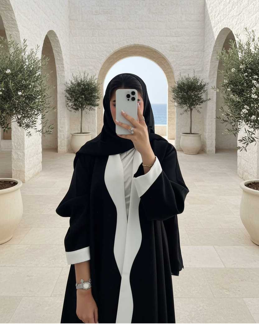 Black Wave-Trim Patchwork Open Abaya for Eid, product view 5