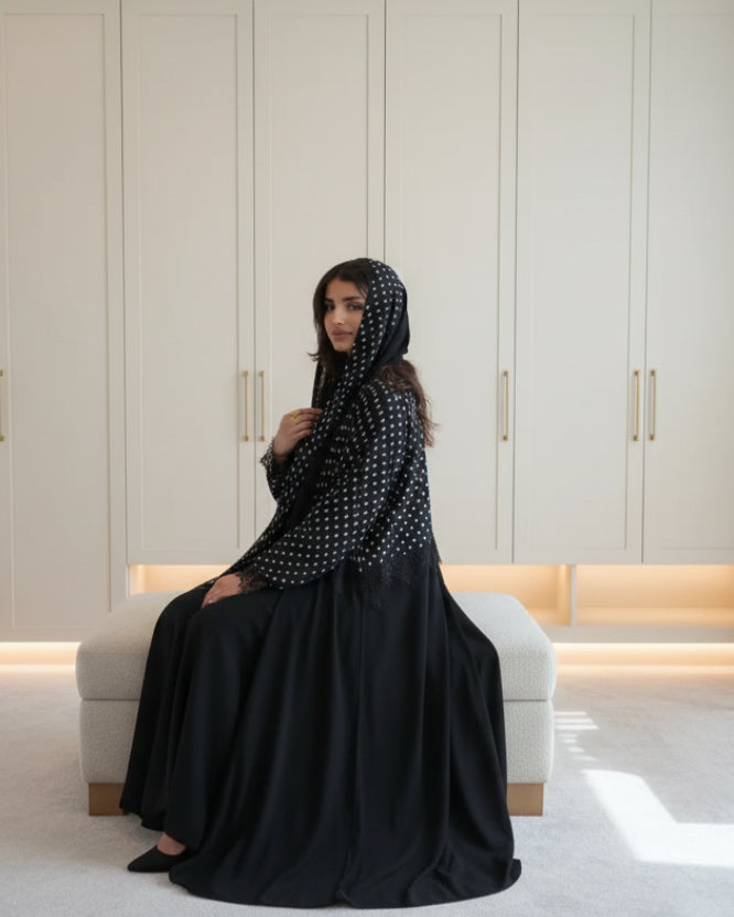 Black Wave Detail Patchwork Maxi Dress and Hijab Set, product view 3
