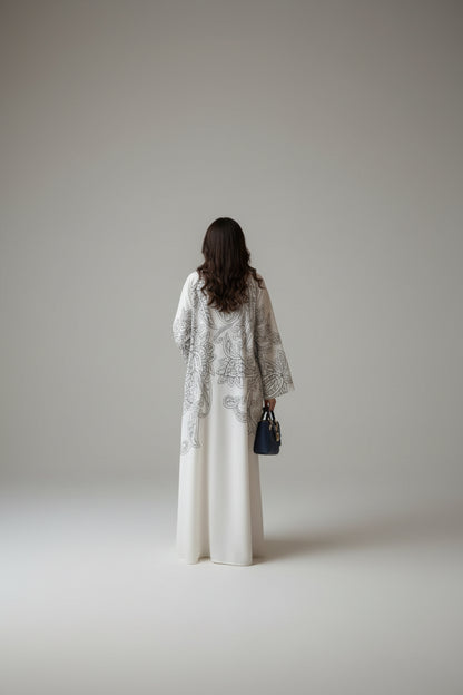 White Paisley Floral Abaya and Hijab Set for Eid, product view 3 2