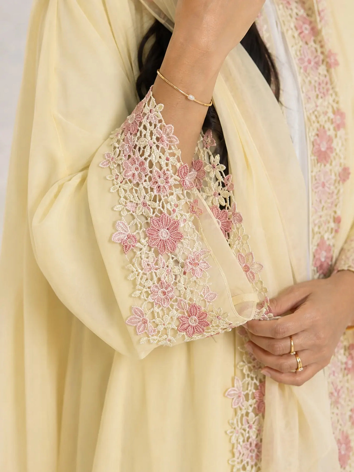 Yellow Floral Lace-Trim Abaya and Hijab Set for Eid, product view 3