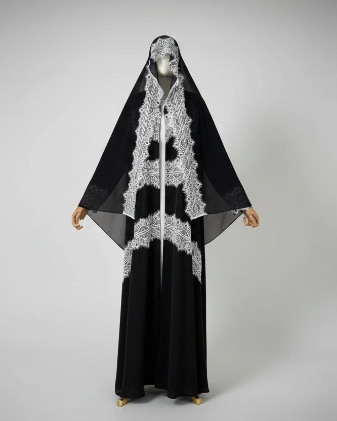 Black Scallop-Lace Abaya and Hijab Set for Eid, product view 6