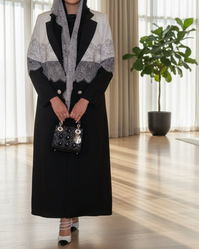 Black Patchwork Lace-Trim Abaya and Hijab Set, product view 6