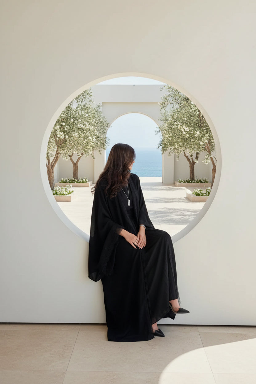 Black Lace-Trim Open Abaya for Eid, product view 5