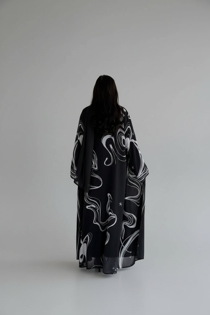 Black Abstract Print Abaya and Hijab Set for Everyday Wear, product view 3