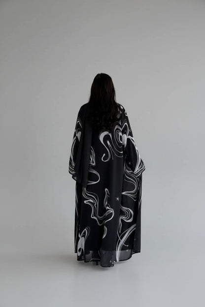 Black Abstract Print Abaya and Hijab Set for Everyday Wear, product view 3 3