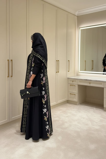 Black Floral Open Abaya for Eid, product view 3 3