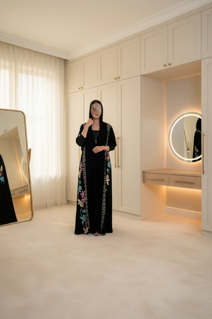 Black Floral Open Abaya for Eid, product view 5 5