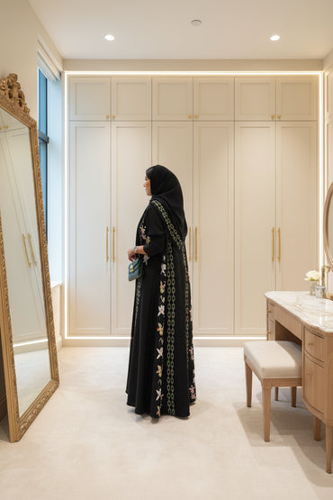 Black Floral Open Abaya for Eid, product view 2 2
