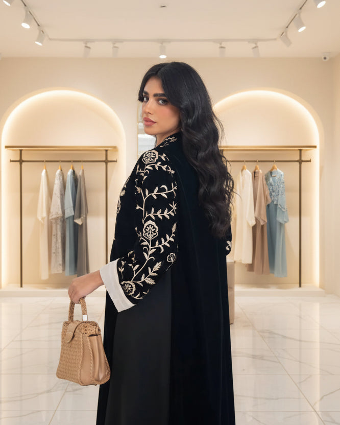 Black Floral Colorblock Open Abaya, product view 4
