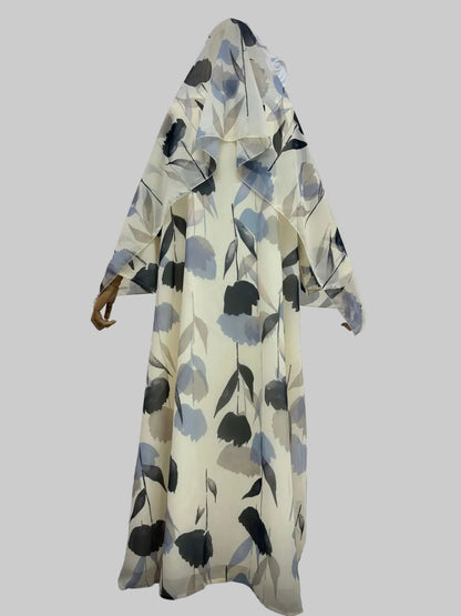 Apricot Botanical Print Abaya and Hijab Set for Eid, product view 2 2