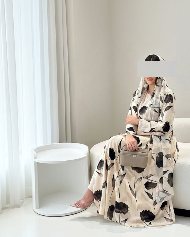 Apricot Botanical Print Abaya and Hijab Set for Eid, product view 4