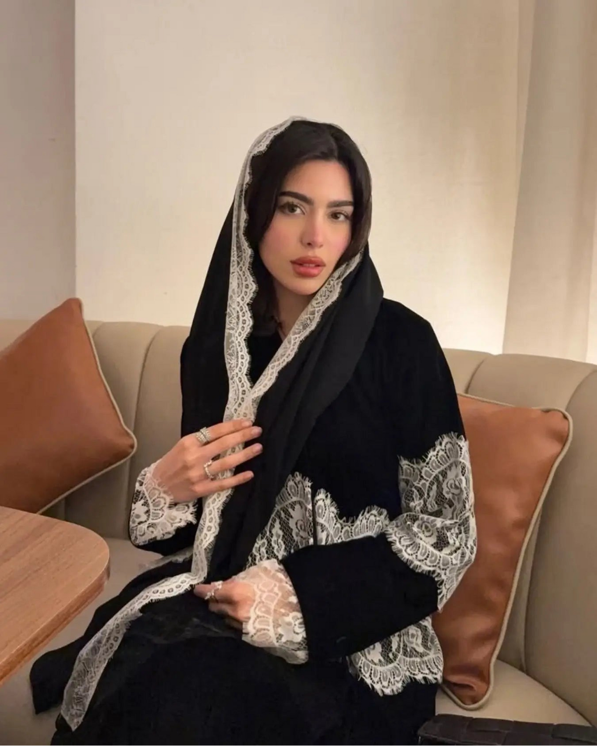 Black Patchwork Lace-Trim Abaya and Hijab Set Style 02, product view 2