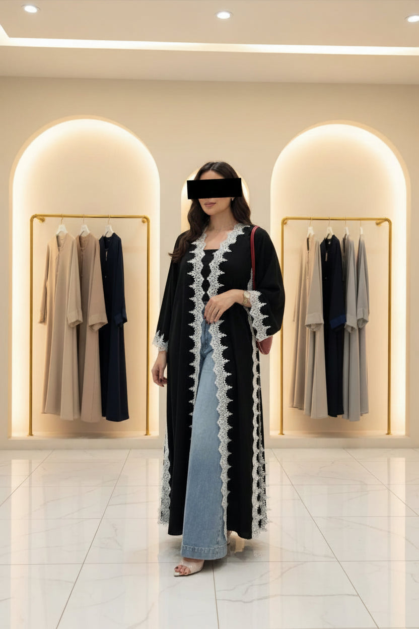 Black Scallop-Trim Open Abaya Style 02 for Everyday Wear, product view 4