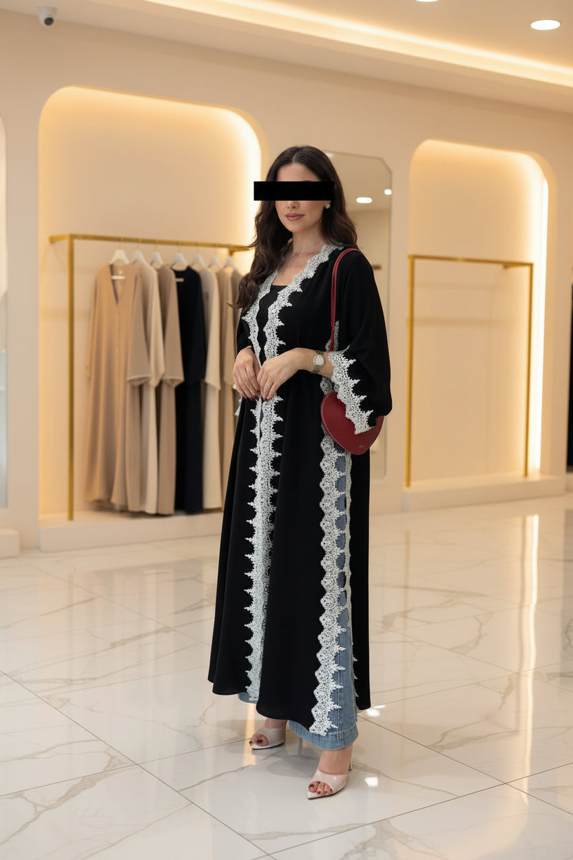 Black Scallop-Trim Open Abaya Style 02 for Everyday Wear, product view 2