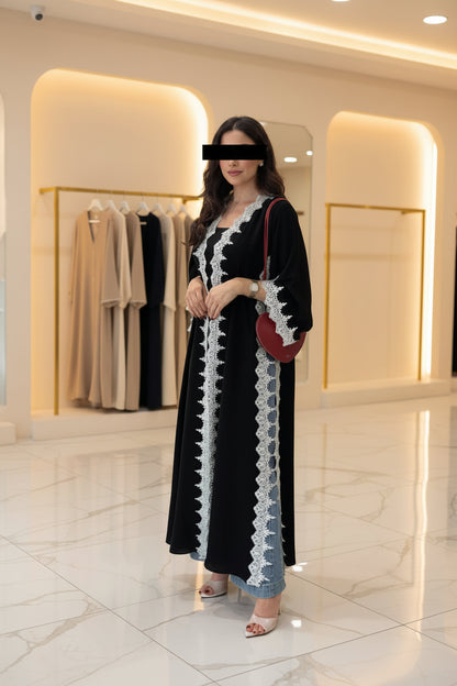 Black Scallop-Trim Open Abaya Style 02 for Everyday Wear, product view 2 3