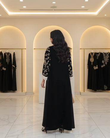 Black Floral Colorblock Open Abaya, product view 2 2