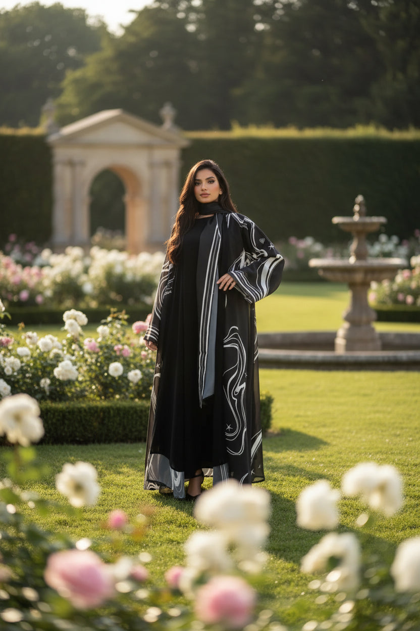 Black Abstract Print Abaya and Hijab Set for Everyday Wear, product view 4