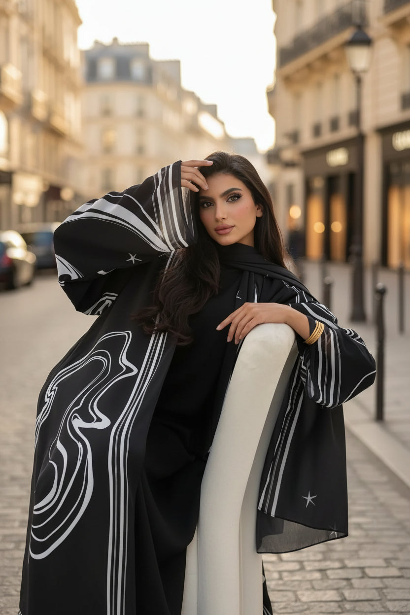Black Abstract Print Abaya and Hijab Set for Everyday Wear, product view 1