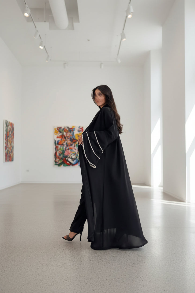 Black Beaded Open Abaya for Eid, product view 3