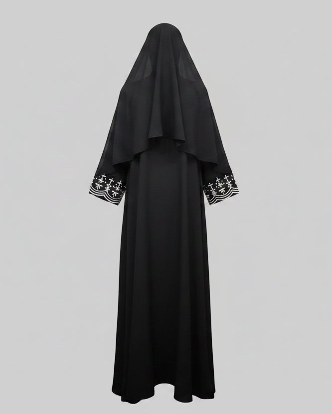 Black Botanical Embroidered Maxi Dress and Hijab Set for Everyday Wear, product view 2