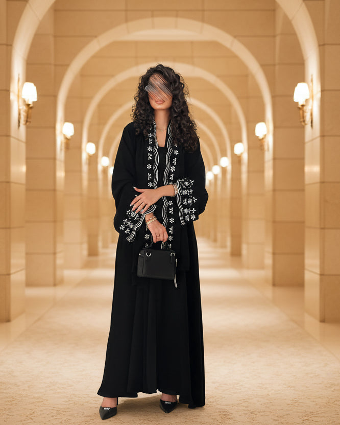 Black Botanical Embroidered Maxi Dress and Hijab Set for Everyday Wear, product view 3