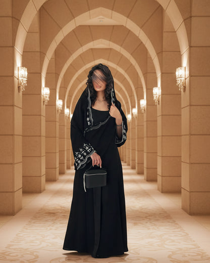 Black Botanical Embroidered Maxi Dress and Hijab Set for Everyday Wear, product view 4 4