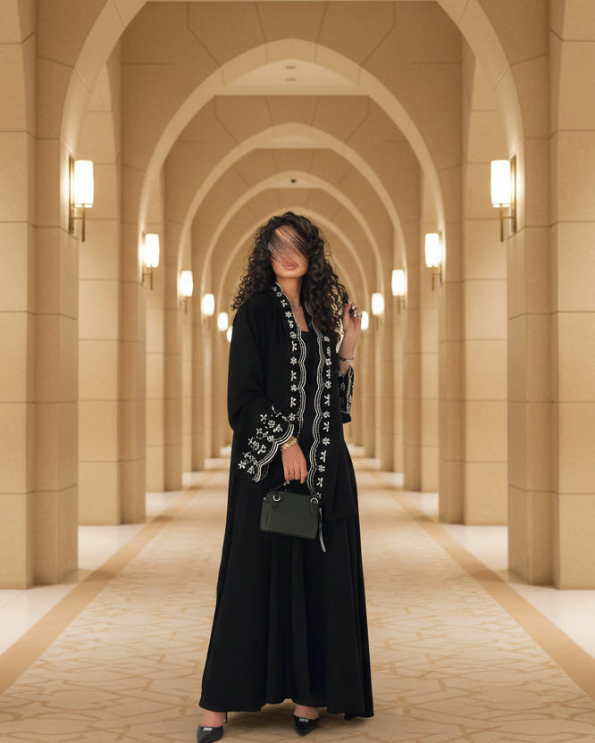 Black Botanical Embroidered Maxi Dress and Hijab Set for Everyday Wear, product view 6
