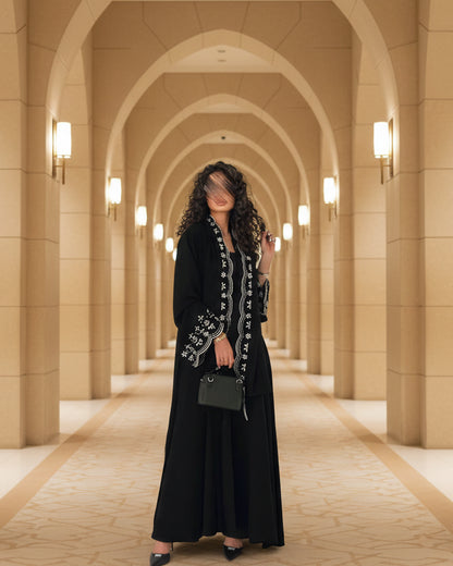 Black Botanical Embroidered Maxi Dress and Hijab Set for Everyday Wear, product view 6 5
