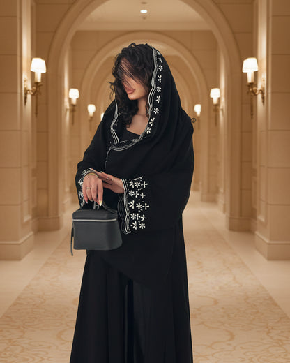 Black Botanical Embroidered Maxi Dress and Hijab Set for Everyday Wear, product view 7 6