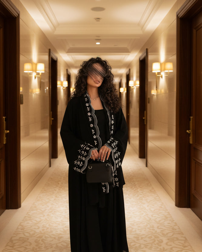 Black Botanical Embroidered Maxi Dress and Hijab Set for Everyday Wear, product view 8