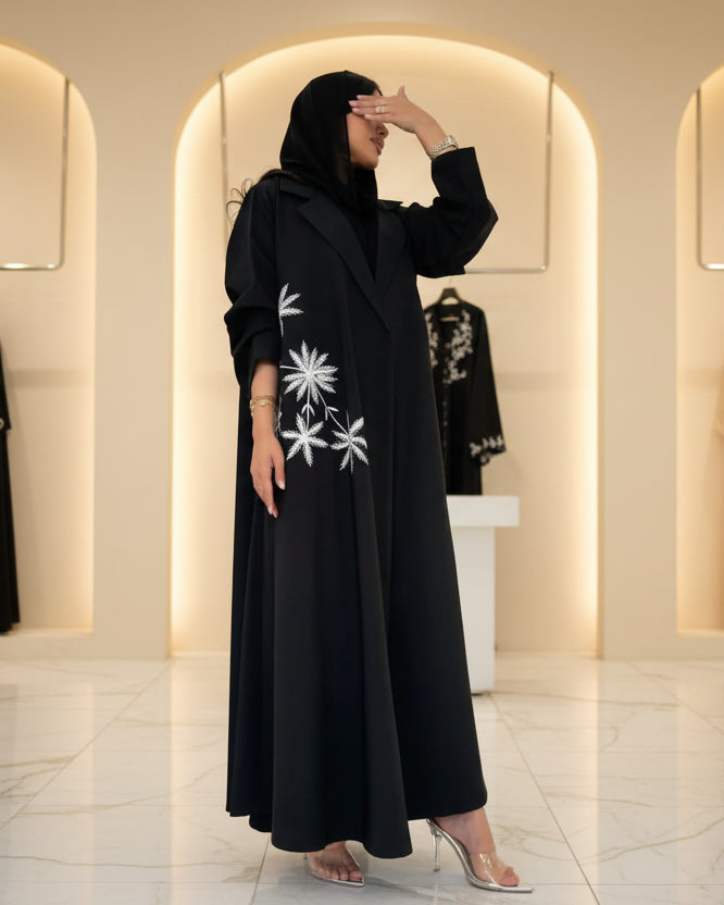 Black Botanical Embroidered Open Abaya for Eid, product view 1 1