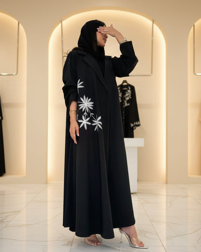 Black Botanical Embroidered Open Abaya for Eid, product view 1 1