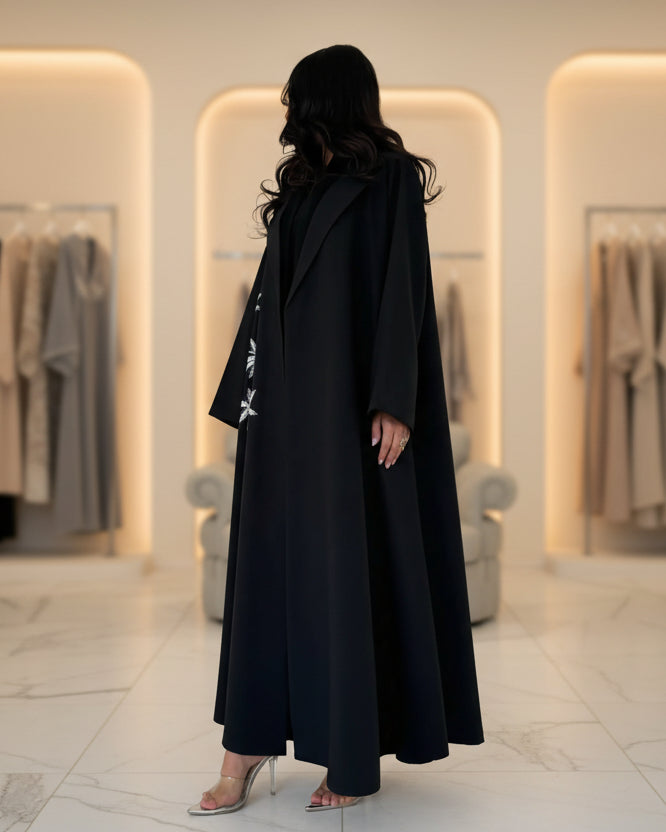 Black Botanical Embroidered Open Abaya for Eid, product view 3