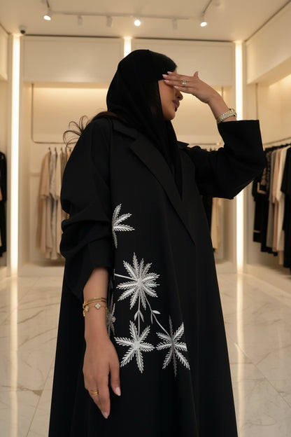 Black Botanical Embroidered Open Abaya for Eid, product view 4 4