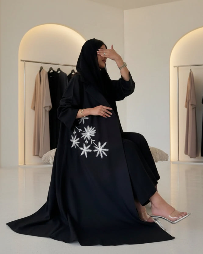 Black Botanical Embroidered Open Abaya for Eid, product view 5