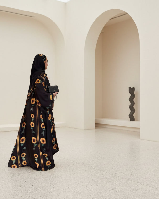 Black Botanical Print Open Abaya for Layering, product view 1
