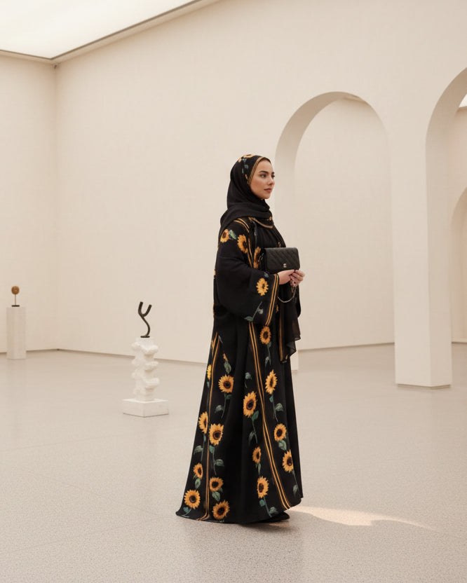 Black Botanical Print Open Abaya for Layering, product view 3 1