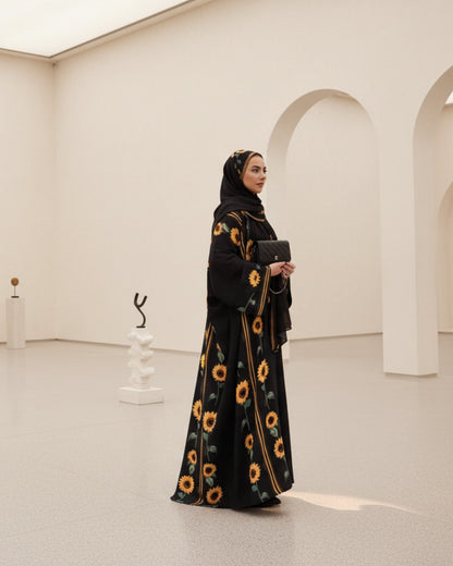 Black Botanical Print Open Abaya for Layering, product view 3 1