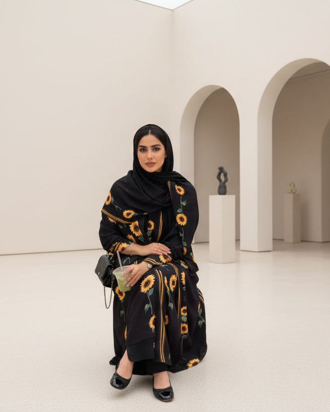 Black Botanical Print Open Abaya for Layering, product view 5
