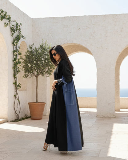 Black and Denim Blue Colorblock Open Abaya for Layering, product view 3 3