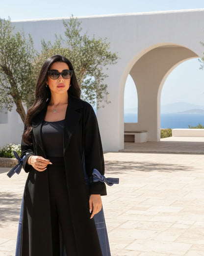 Black and Denim Blue Colorblock Open Abaya for Layering, product view 4 4