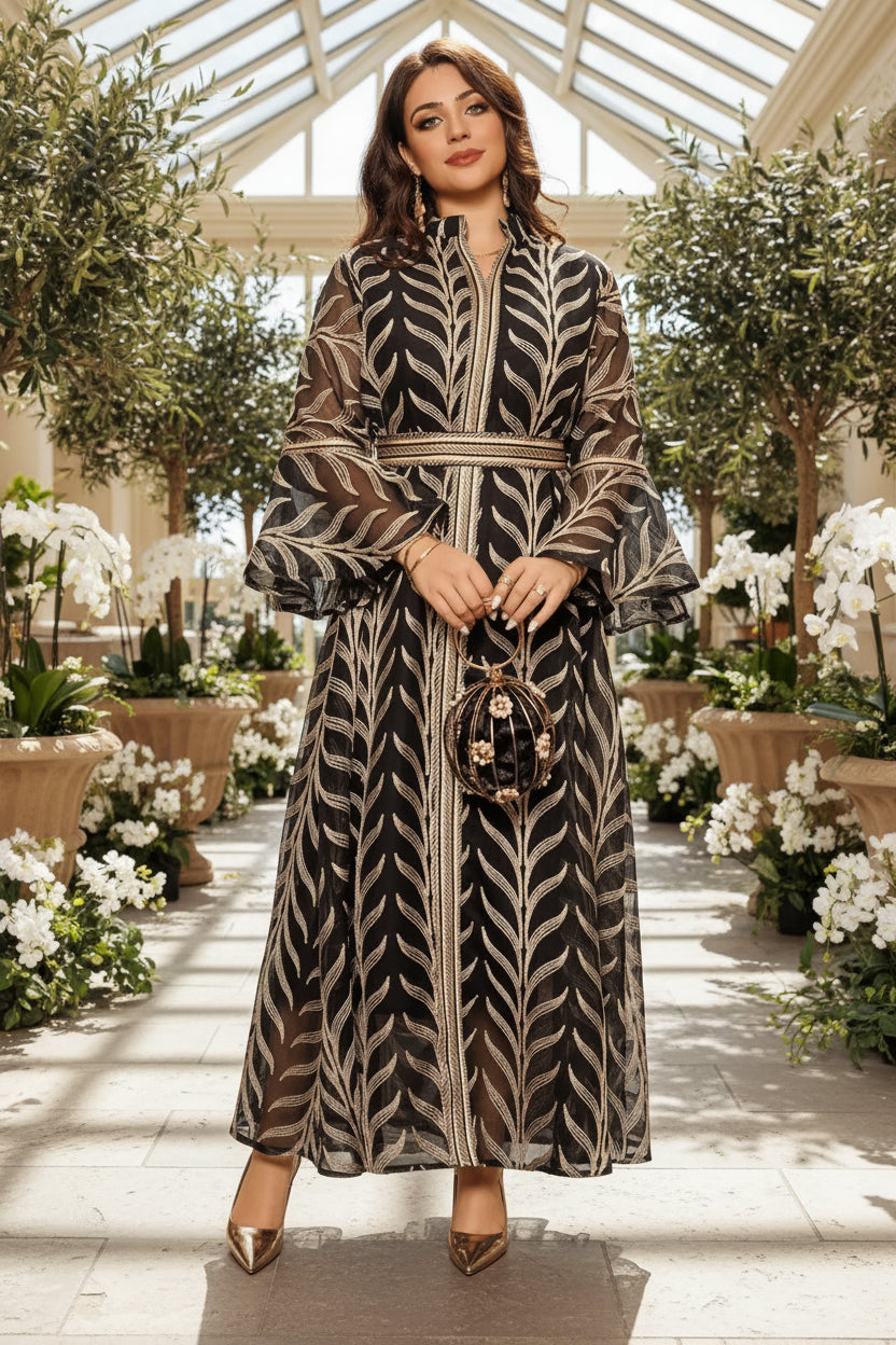 Black Embroidered Open Abaya for Eid, product view 5