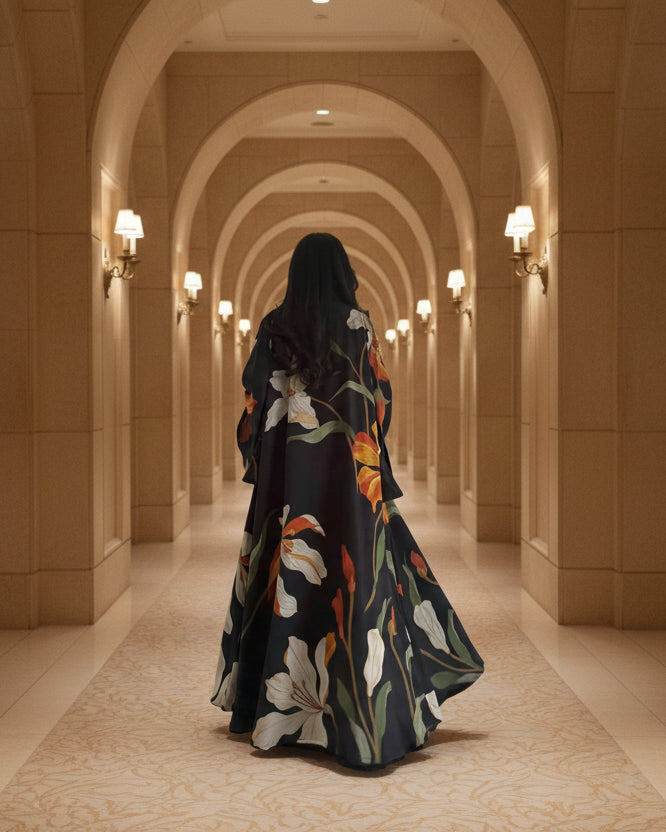 Black Floral Abaya and Hijab Set, product view 2