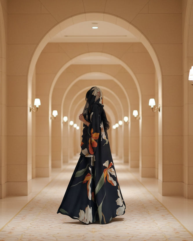 Black Floral Abaya and Hijab Set, product view 6