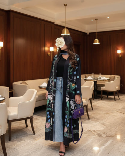 Black Floral Abaya and Hijab Set Style 02, product view 1 1