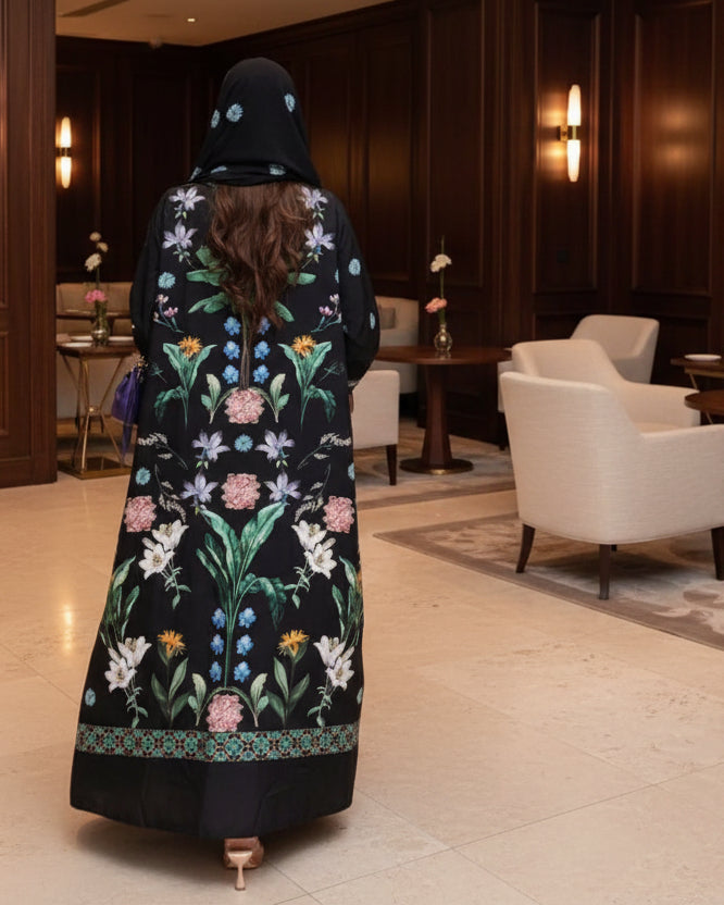 Black Floral Abaya and Hijab Set Style 02, product view 2