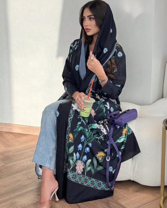 Black Floral Abaya and Hijab Set Style 02, product view 4
