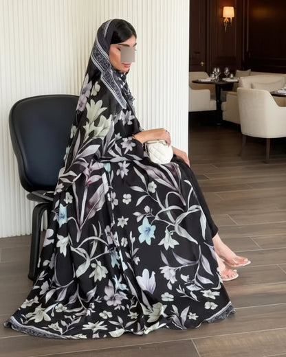 Black Floral Abaya and Hijab Set Style 03 for Everyday Wear, product view 1 3
