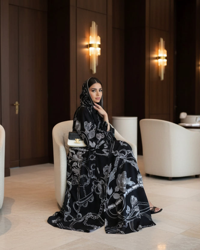 Black Floral Abaya and Hijab Set Style 04 for Eid, product view 1 1