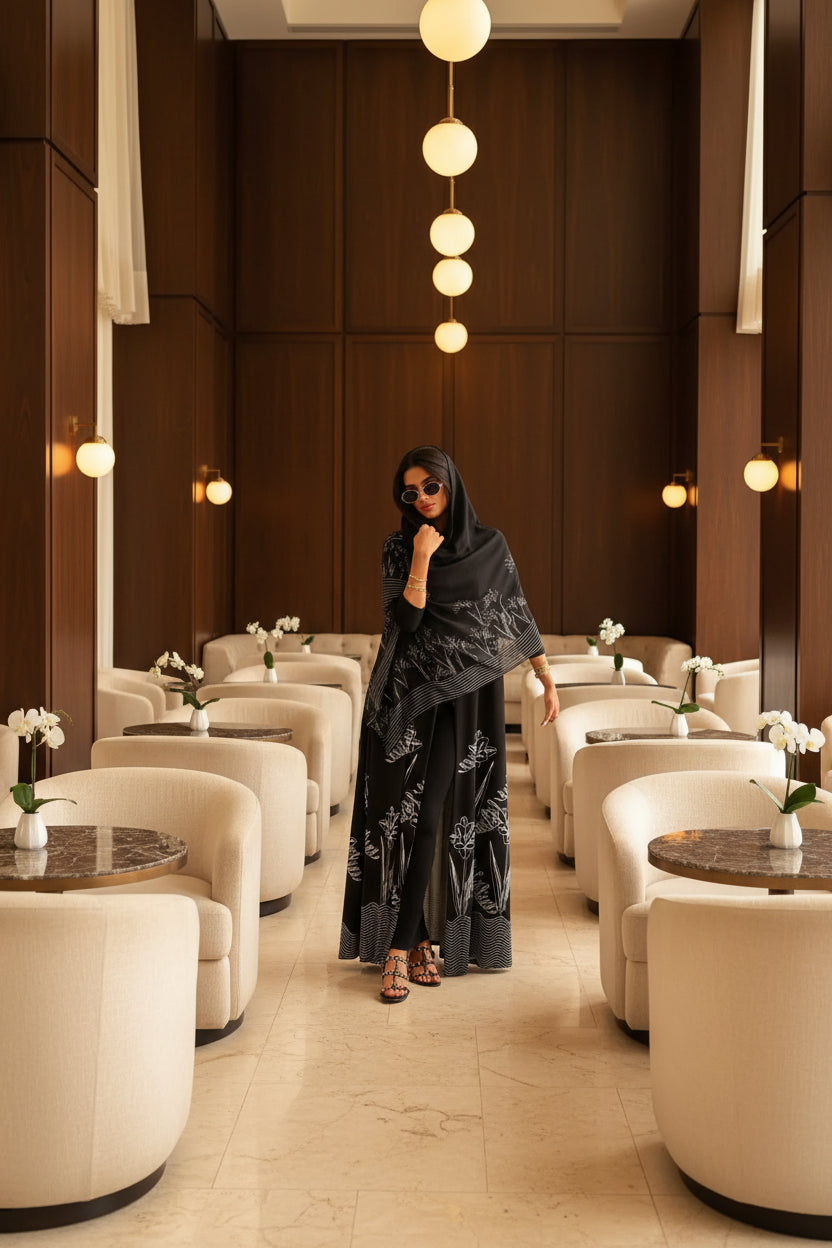 Black Floral Abaya and Hijab Set Style 05, product view 1 1